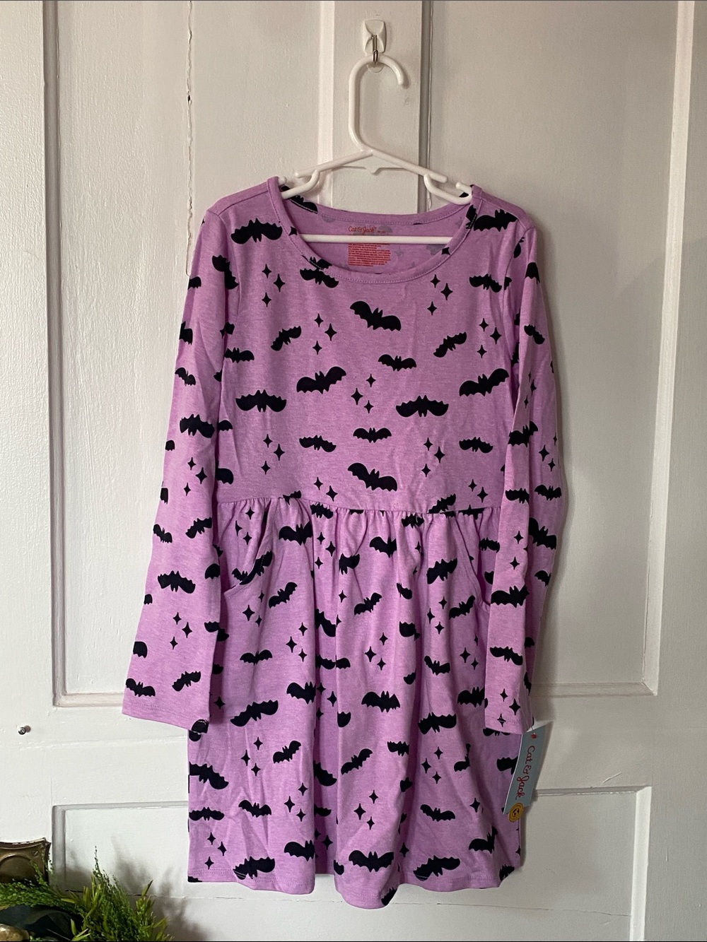 Cat & Jack Purple Long-Sleeve Dress with Black Bat Print
